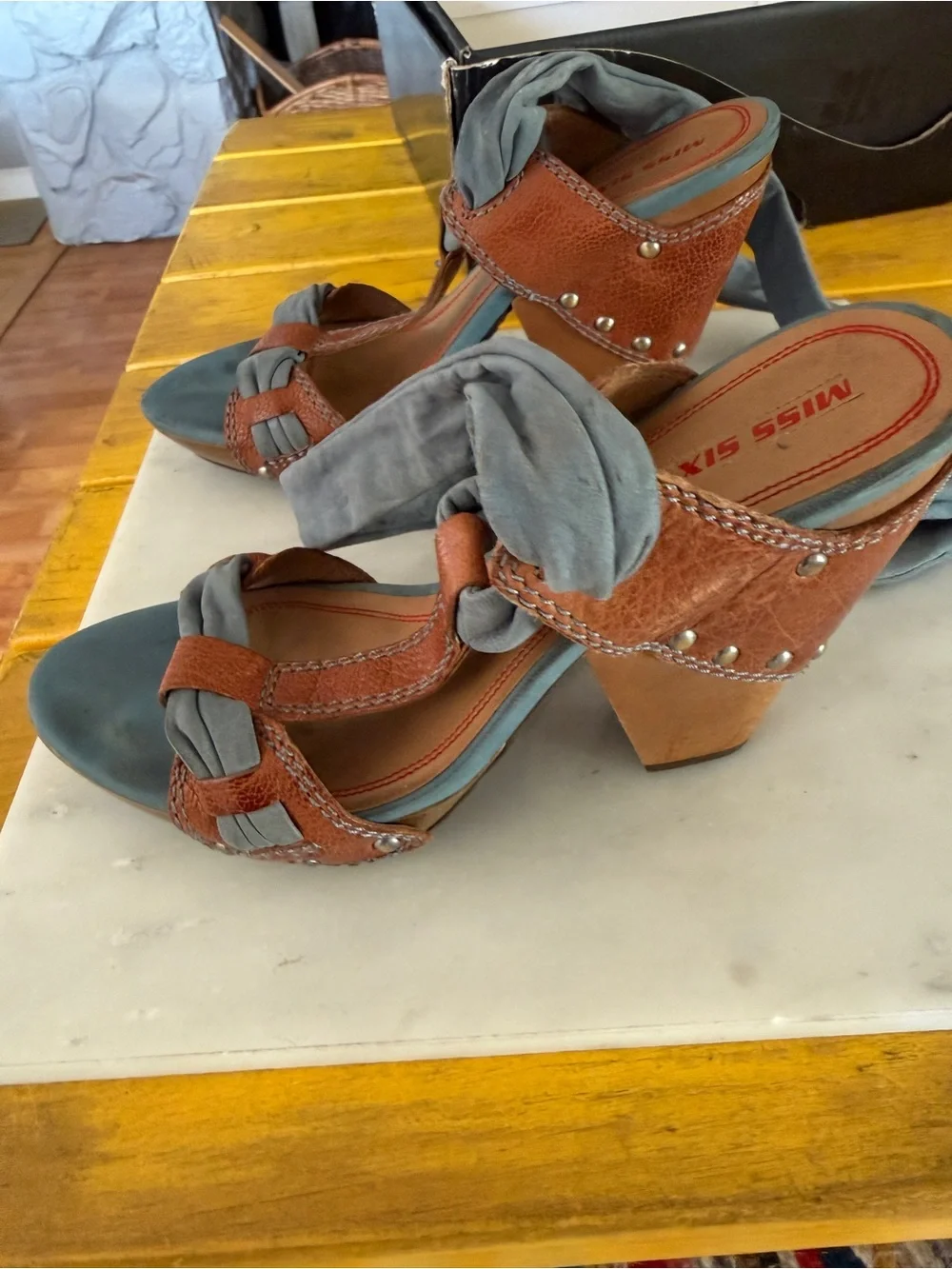 Miss Sixty Blue & Cognac Leather Wrap Tie Sandals Block Heel Size